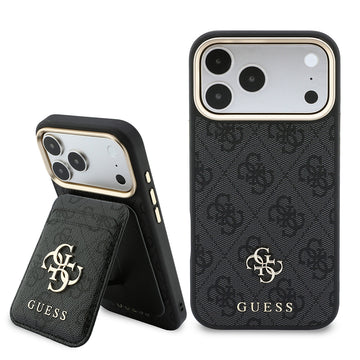 Apple iPhone 18 Pro Kılıf Guess 4G ve Yazı Logolu Kartlıklı Kapak 2in1 Set Siyah