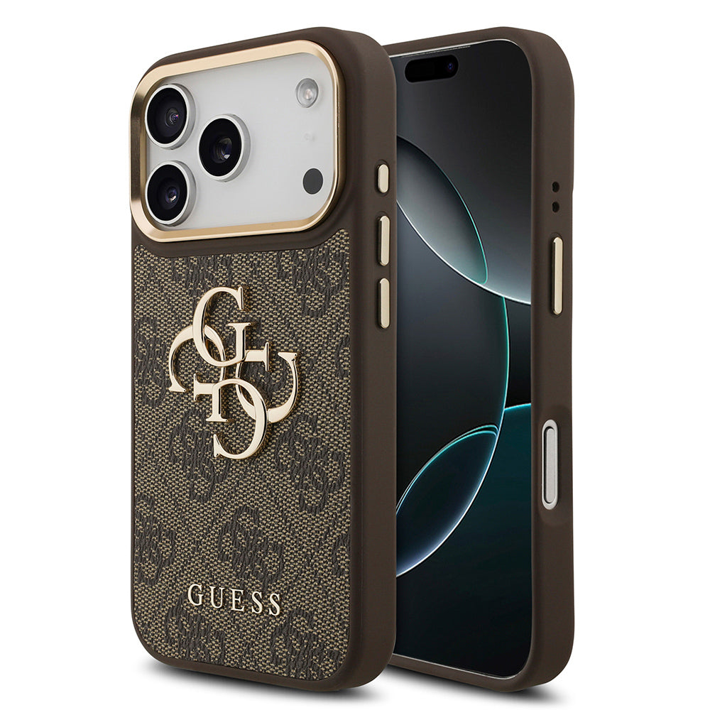Apple iPhone 18 Pro Max Kılıf Guess Gold Metal Kamera Çerçeveli 4G Desenli Metal Büyük 4G ve Yazı Logolu Kapak Kahverengi