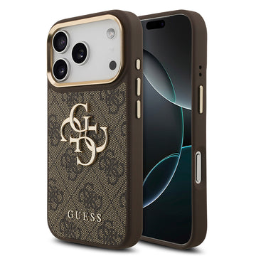 Apple iPhone 18 Pro Max Kılıf Guess Gold Metal Kamera Çerçeveli 4G Desenli Metal Büyük 4G ve Yazı Logolu Kapak Kahverengi