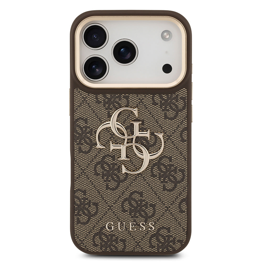 Apple iPhone 18 Pro Max Kılıf Guess Gold Metal Kamera Çerçeveli 4G Desenli Metal Büyük 4G ve Yazı Logolu Kapak Kahverengi