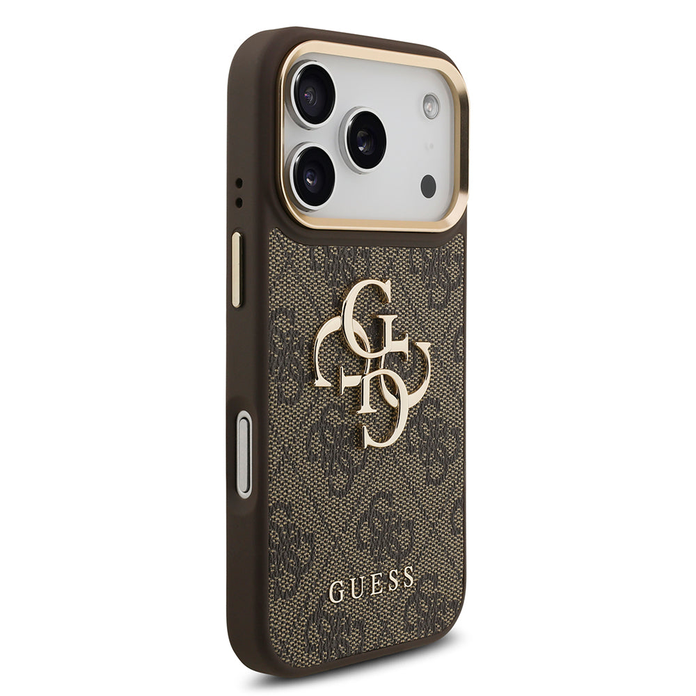 Apple iPhone 18 Pro Max Kılıf Guess Gold Metal Kamera Çerçeveli 4G Desenli Metal Büyük 4G ve Yazı Logolu Kapak Kahverengi