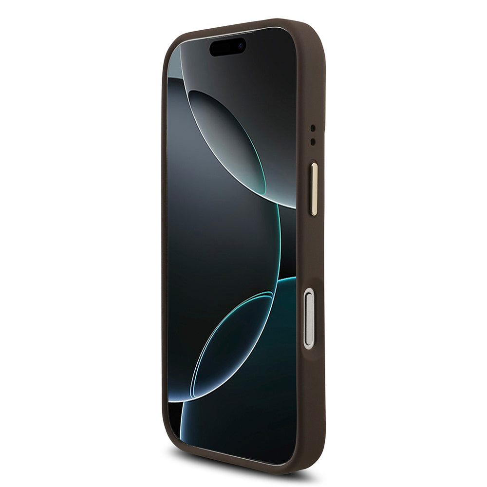 Apple iPhone 18 Pro Max Kılıf Guess Gold Metal Kamera Çerçeveli 4G Desenli Metal Büyük 4G ve Yazı Logolu Kapak Kahverengi
