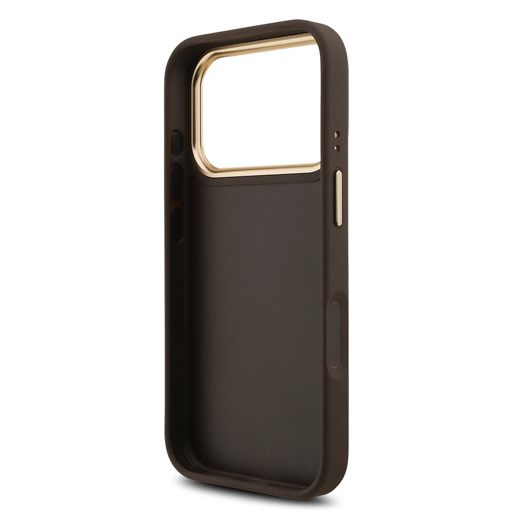 Apple iPhone 18 Pro Max Kılıf Guess Gold Metal Kamera Çerçeveli 4G Desenli Metal Büyük 4G ve Yazı Logolu Kapak Kahverengi