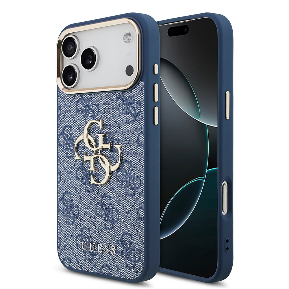 Apple iPhone 18 Pro Kılıf Guess Gold Metal Kamera Çerçeveli 4G Desenli Metal Büyük 4G ve Yazı Logolu Kapak Mavi