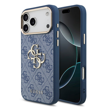 Apple iPhone 18 Pro Kılıf Guess Gold Metal Kamera Çerçeveli 4G Desenli Metal Büyük 4G ve Yazı Logolu Kapak Mavi