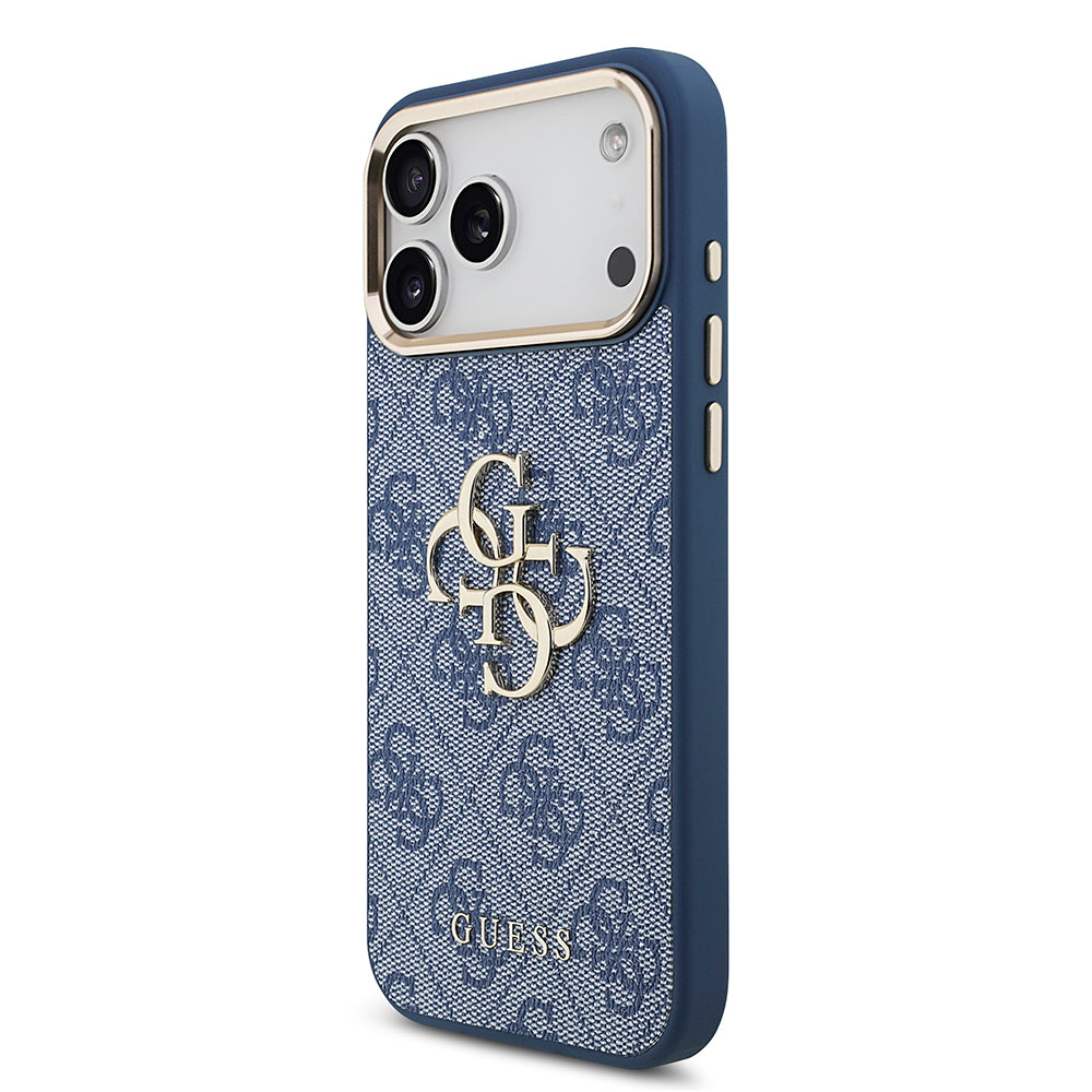 Apple iPhone 18 Pro Kılıf Guess Gold Metal Kamera Çerçeveli 4G Desenli Metal Büyük 4G ve Yazı Logolu Kapak Mavi