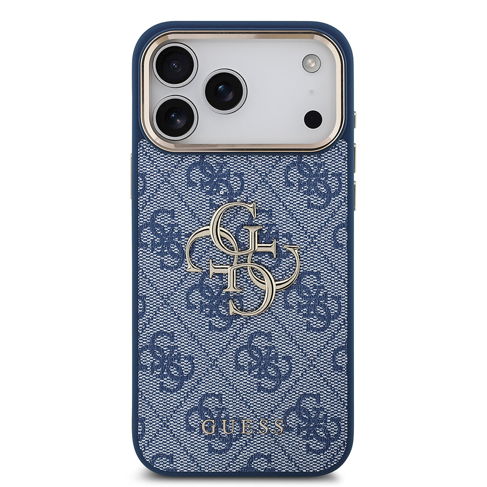 Apple iPhone 18 Pro Kılıf Guess Gold Metal Kamera Çerçeveli 4G Desenli Metal Büyük 4G ve Yazı Logolu Kapak Mavi