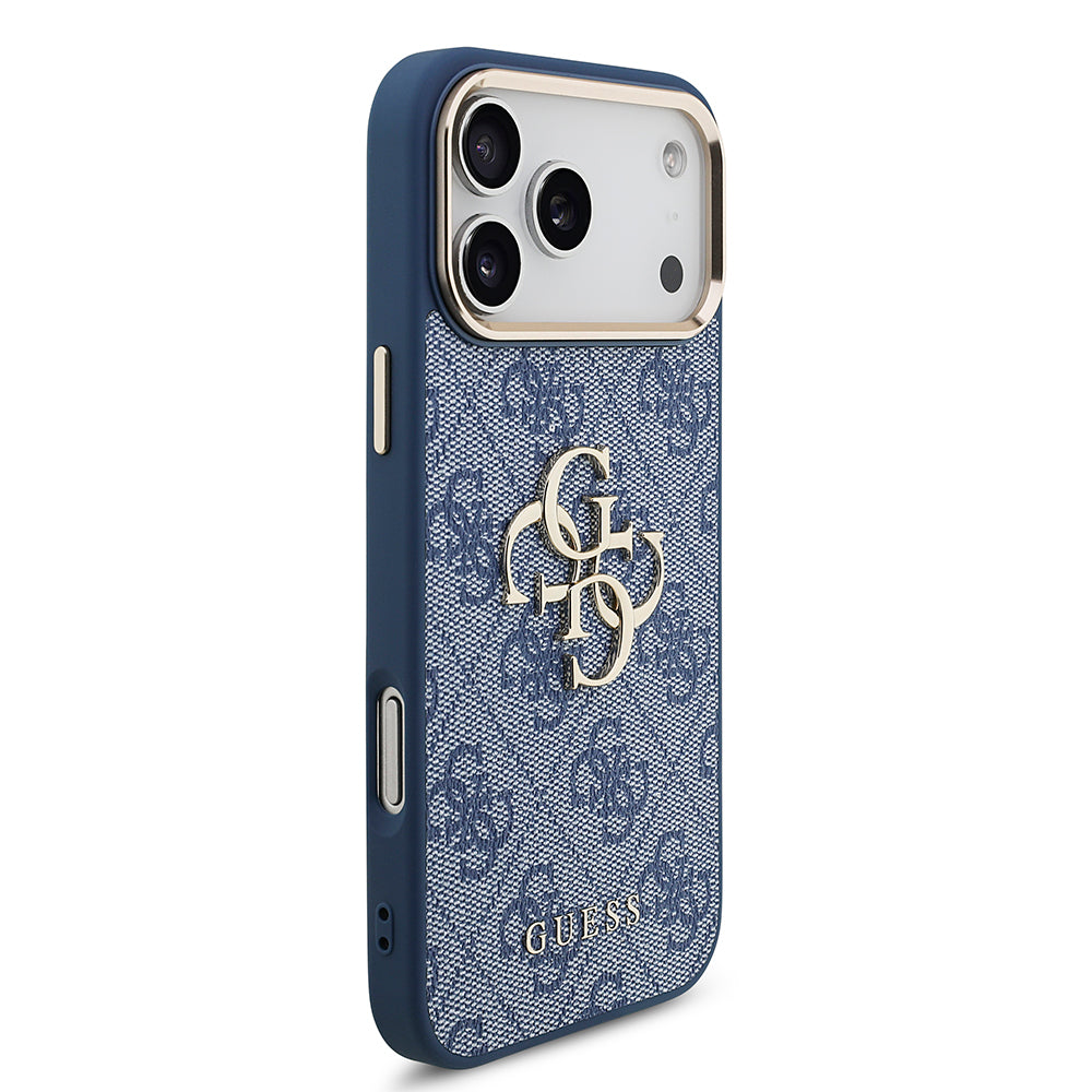 Apple iPhone 18 Pro Kılıf Guess Gold Metal Kamera Çerçeveli 4G Desenli Metal Büyük 4G ve Yazı Logolu Kapak Mavi