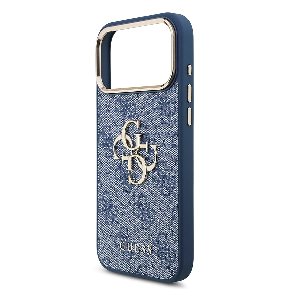 Apple iPhone 18 Pro Kılıf Guess Gold Metal Kamera Çerçeveli 4G Desenli Metal Büyük 4G ve Yazı Logolu Kapak Mavi