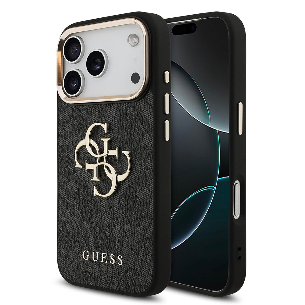 Apple iPhone 18 Pro Kılıf Guess Gold Metal Kamera Çerçeveli 4G Desenli Metal Büyük 4G ve Yazı Logolu Kapak Siyah