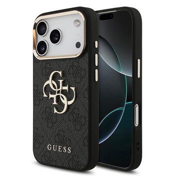 Apple iPhone 18 Pro Kılıf Guess Gold Metal Kamera Çerçeveli 4G Desenli Metal Büyük 4G ve Yazı Logolu Kapak Siyah