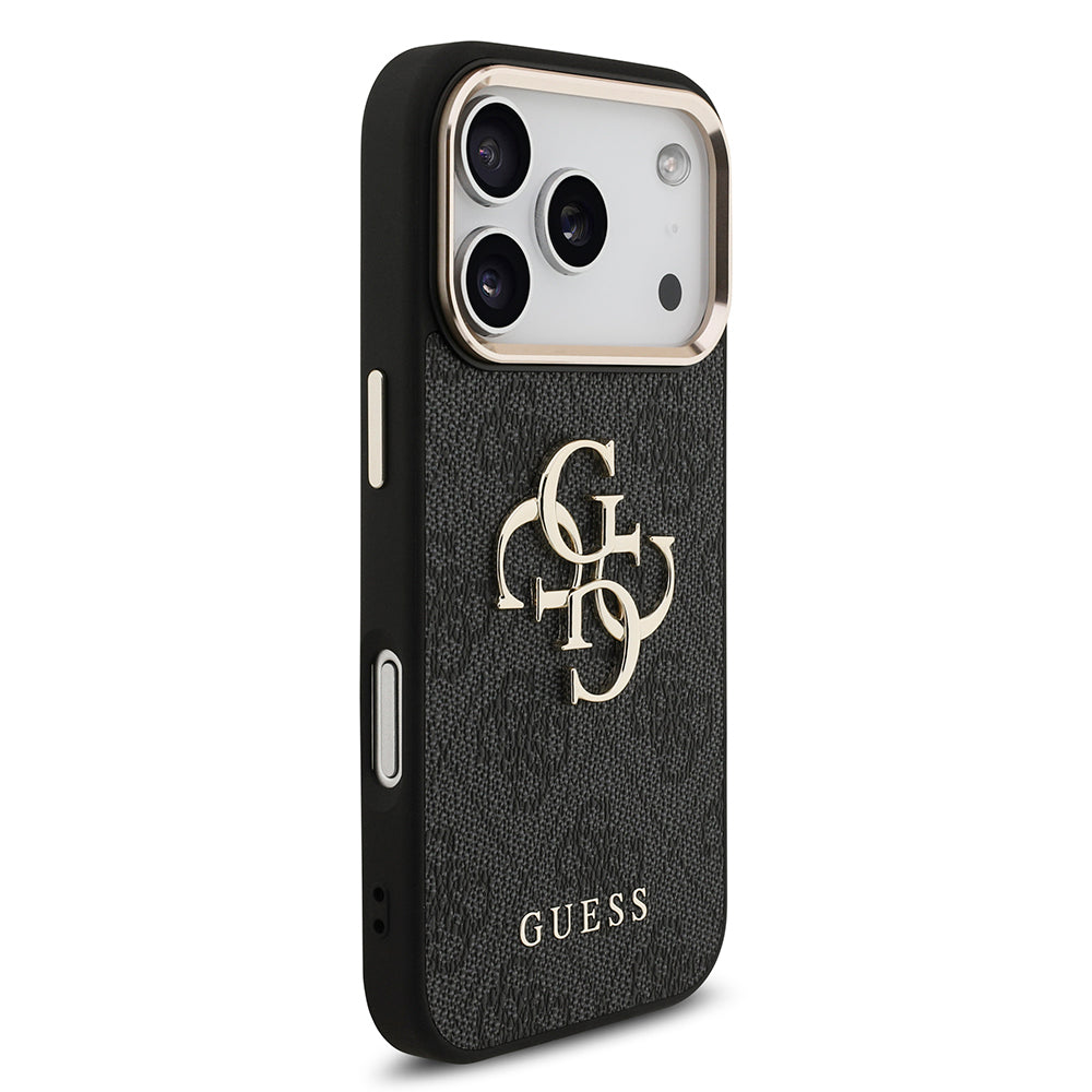 Apple iPhone 18 Pro Kılıf Guess Gold Metal Kamera Çerçeveli 4G Desenli Metal Büyük 4G ve Yazı Logolu Kapak Siyah