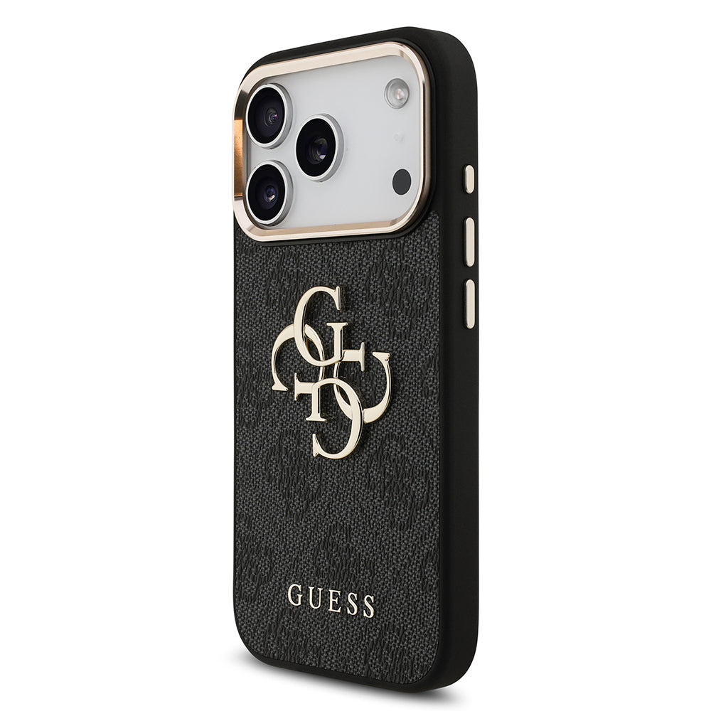 Apple iPhone 18 Pro Kılıf Guess Gold Metal Kamera Çerçeveli 4G Desenli Metal Büyük 4G ve Yazı Logolu Kapak Siyah