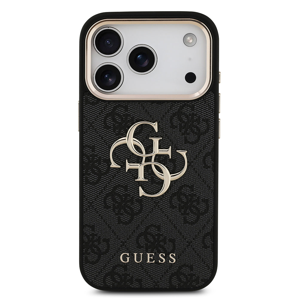 Apple iPhone 18 Pro Kılıf Guess Gold Metal Kamera Çerçeveli 4G Desenli Metal Büyük 4G ve Yazı Logolu Kapak Siyah