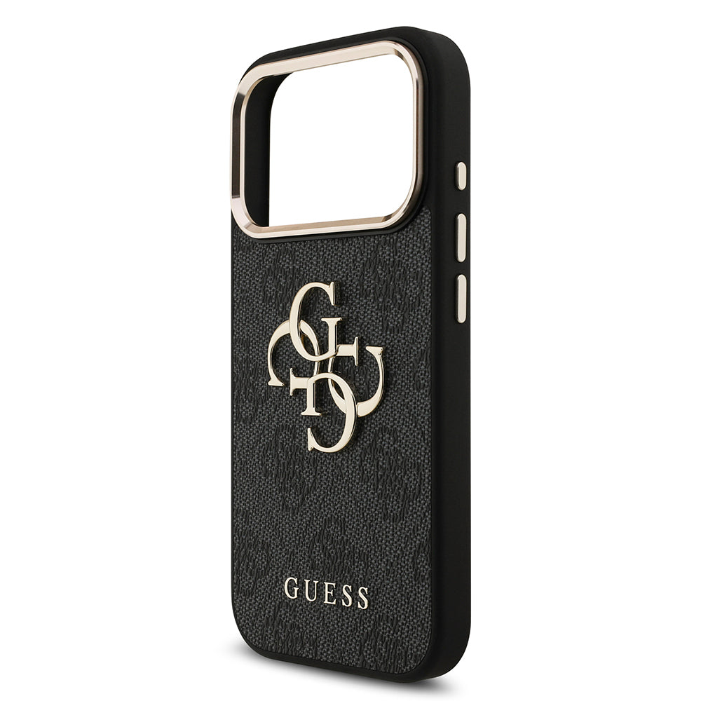 Apple iPhone 18 Pro Kılıf Guess Gold Metal Kamera Çerçeveli 4G Desenli Metal Büyük 4G ve Yazı Logolu Kapak Siyah