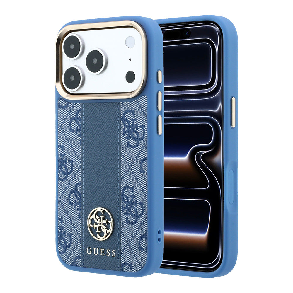 Apple iPhone 18 Pro Kılıf Guess M-safe Şarj Özellikli 4G Desenli Şeritli Yazı Logolu Kapak Mavi