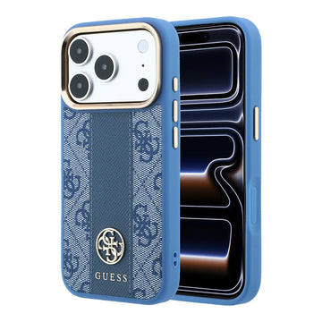 Apple iPhone 18 Pro Kılıf Guess M-safe Şarj Özellikli 4G Desenli Şeritli Yazı Logolu Kapak Mavi