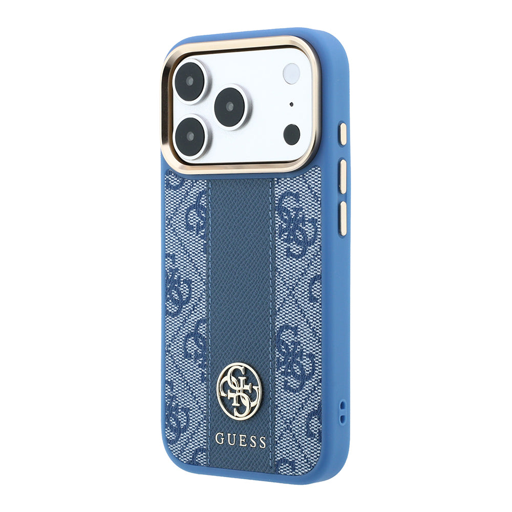 Apple iPhone 18 Pro Kılıf Guess M-safe Şarj Özellikli 4G Desenli Şeritli Yazı Logolu Kapak Mavi