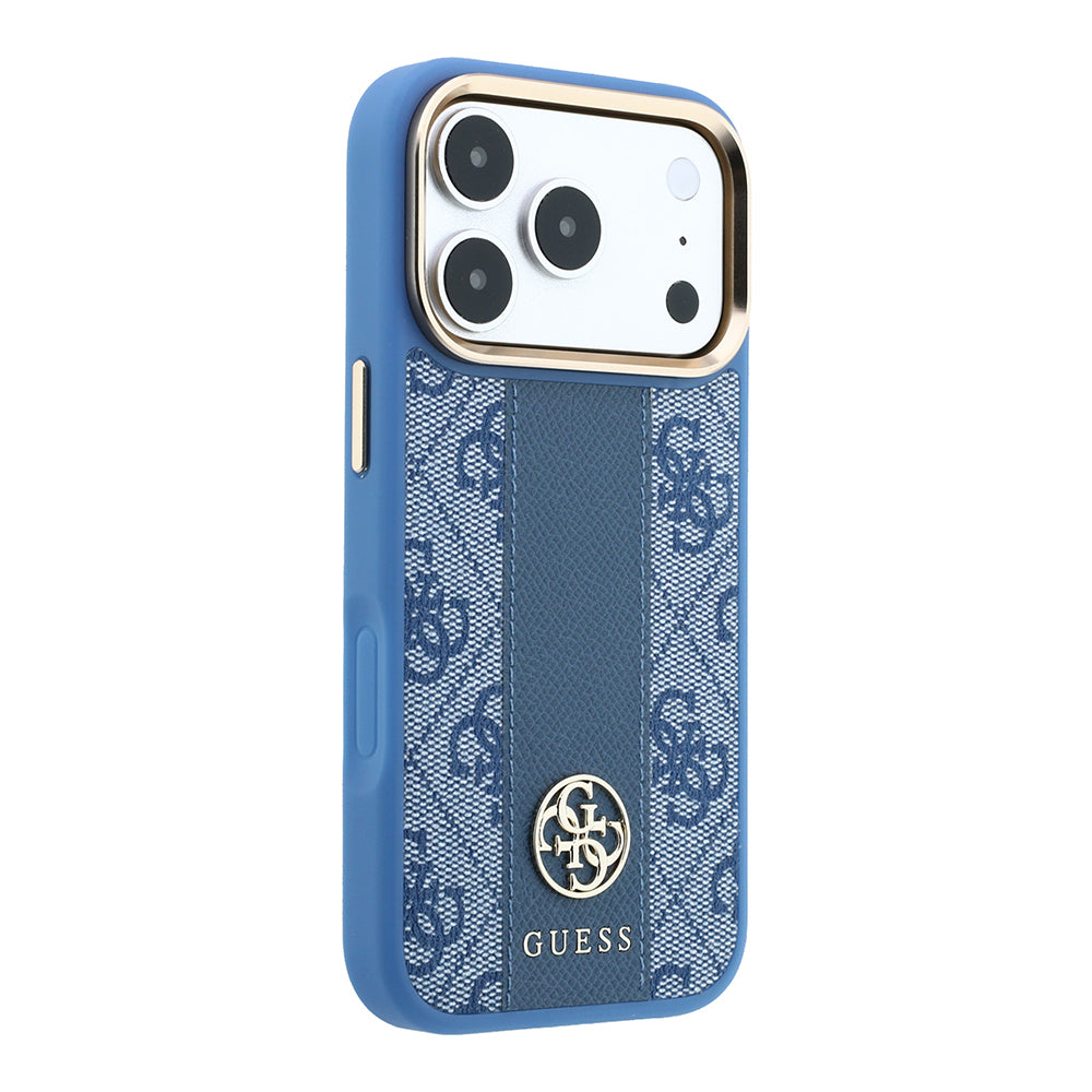 Apple iPhone 18 Pro Kılıf Guess M-safe Şarj Özellikli 4G Desenli Şeritli Yazı Logolu Kapak Mavi