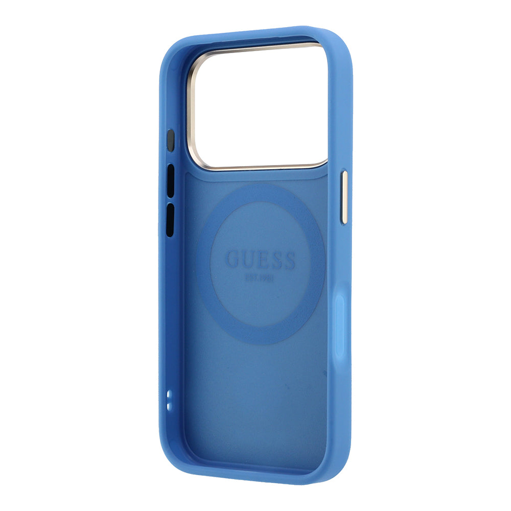 Apple iPhone 18 Pro Kılıf Guess M-safe Şarj Özellikli 4G Desenli Şeritli Yazı Logolu Kapak Mavi