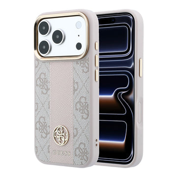 Apple iPhone 18 Pro Max Kılıf Guess M-safe Şarj Özellikli 4G Desenli Şeritli Yazı Logolu Kapak Pembe