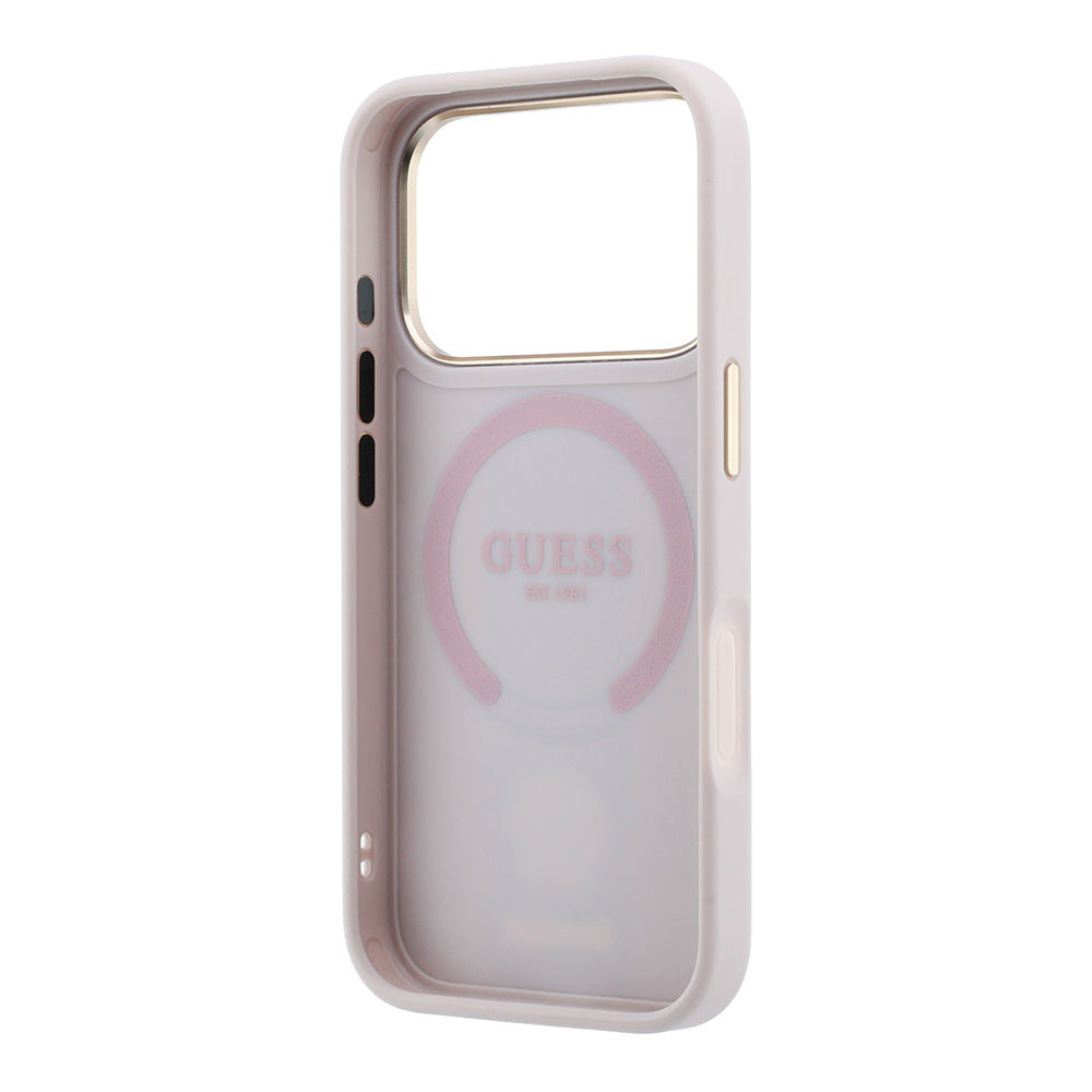 Apple iPhone 18 Pro Max Kılıf Guess M-safe Şarj Özellikli 4G Desenli Şeritli Yazı Logolu Kapak Pembe