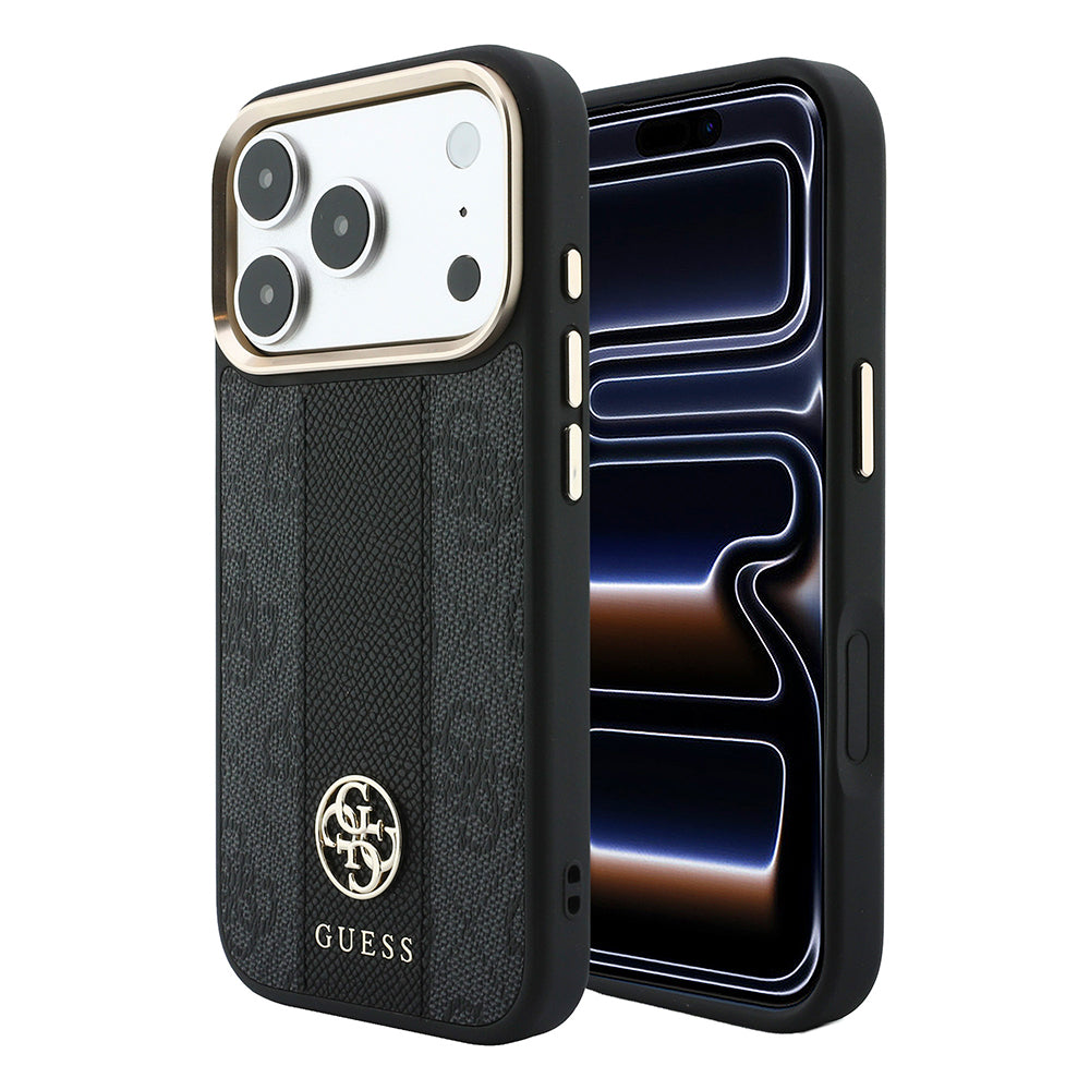 Apple iPhone 18 Pro Max Kılıf Guess M-safe Şarj Özellikli 4G Desenli Şeritli Yazı Logolu Kapak Siyah