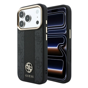 Apple iPhone 18 Pro Max Kılıf Guess M-safe Şarj Özellikli 4G Desenli Şeritli Yazı Logolu Kapak Siyah