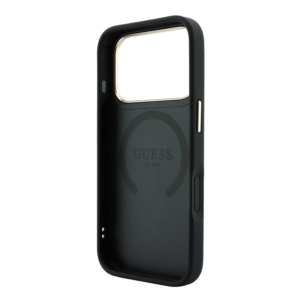 Apple iPhone 18 Pro Max Kılıf Guess M-safe Şarj Özellikli 4G Desenli Şeritli Yazı Logolu Kapak Siyah