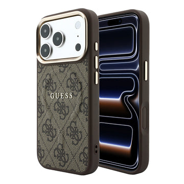 Apple iPhone 18 Pro Kılıf Guess M-safe Şarj Özellikli C-Magnet 4G Desenli Yazı Logolu Kapak Kahverengi