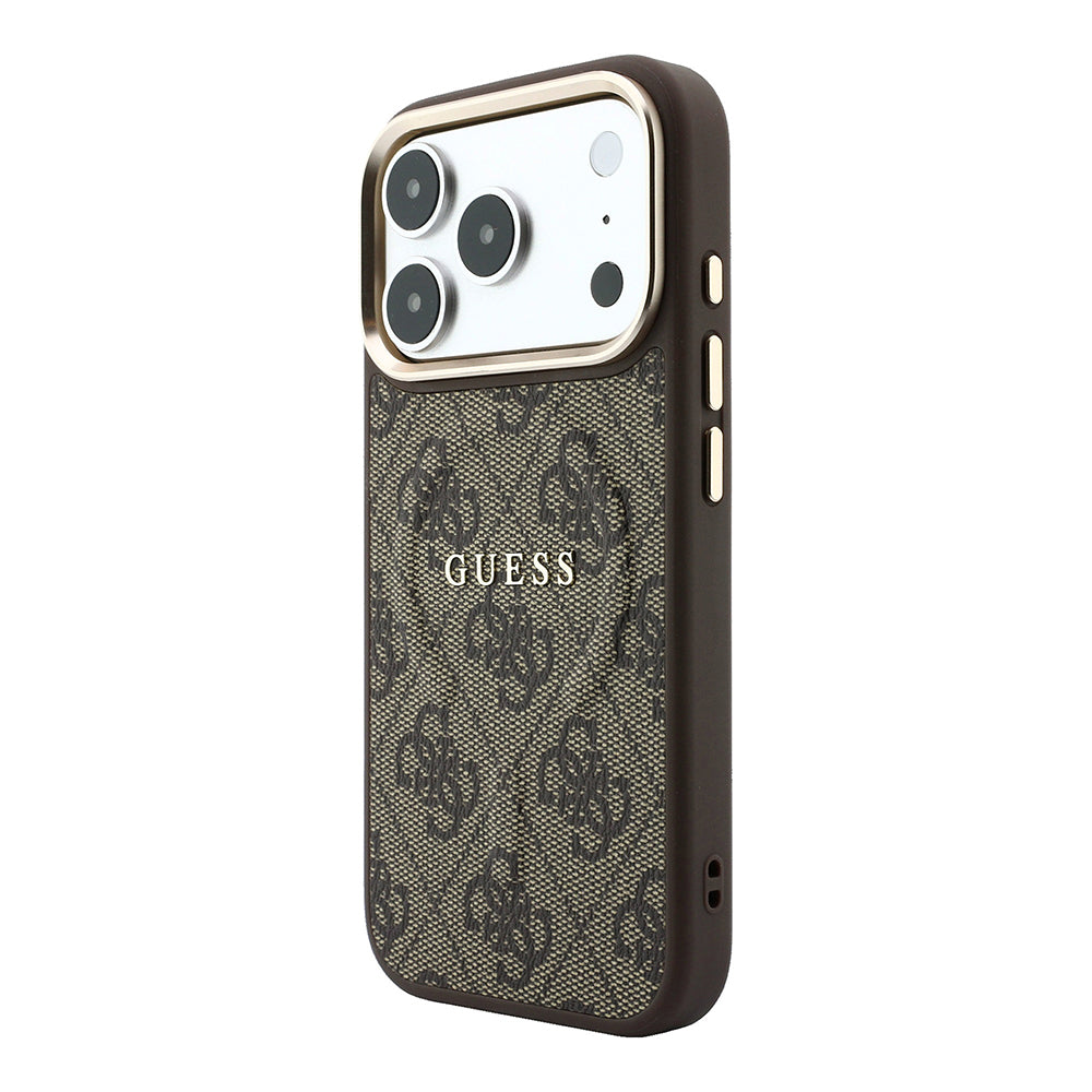 Apple iPhone 18 Pro Kılıf Guess M-safe Şarj Özellikli C-Magnet 4G Desenli Yazı Logolu Kapak Kahverengi