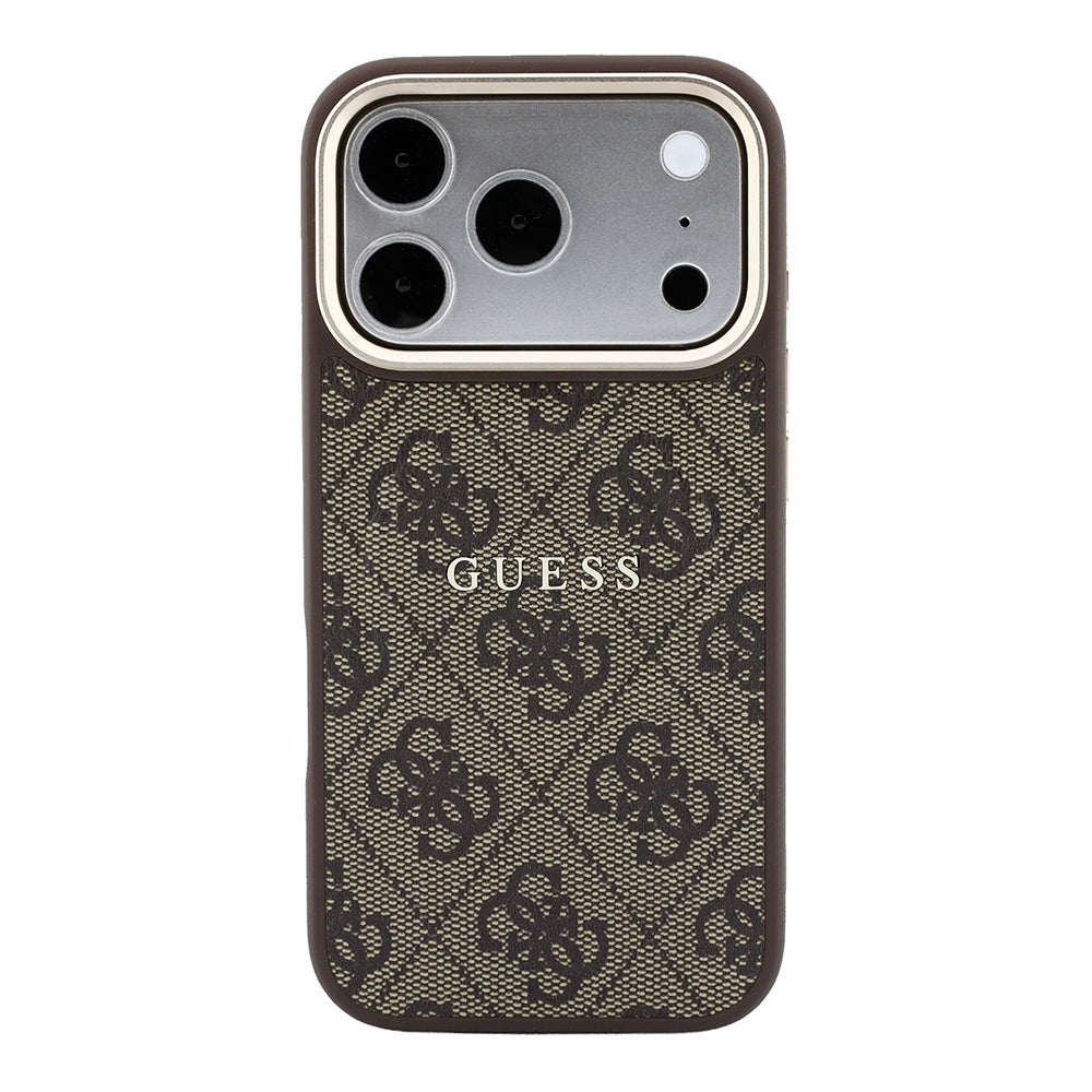 Apple iPhone 18 Pro Kılıf Guess M-safe Şarj Özellikli C-Magnet 4G Desenli Yazı Logolu Kapak Kahverengi