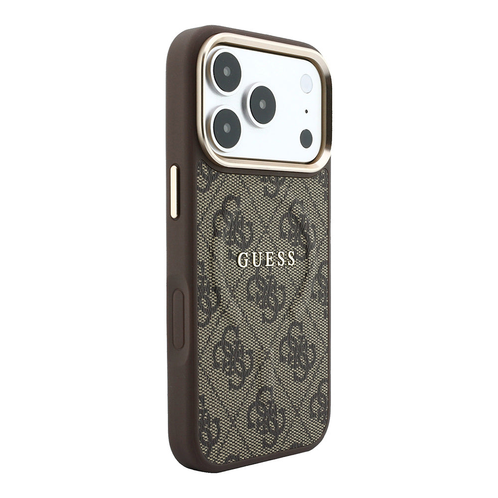 Apple iPhone 18 Pro Kılıf Guess M-safe Şarj Özellikli C-Magnet 4G Desenli Yazı Logolu Kapak Kahverengi