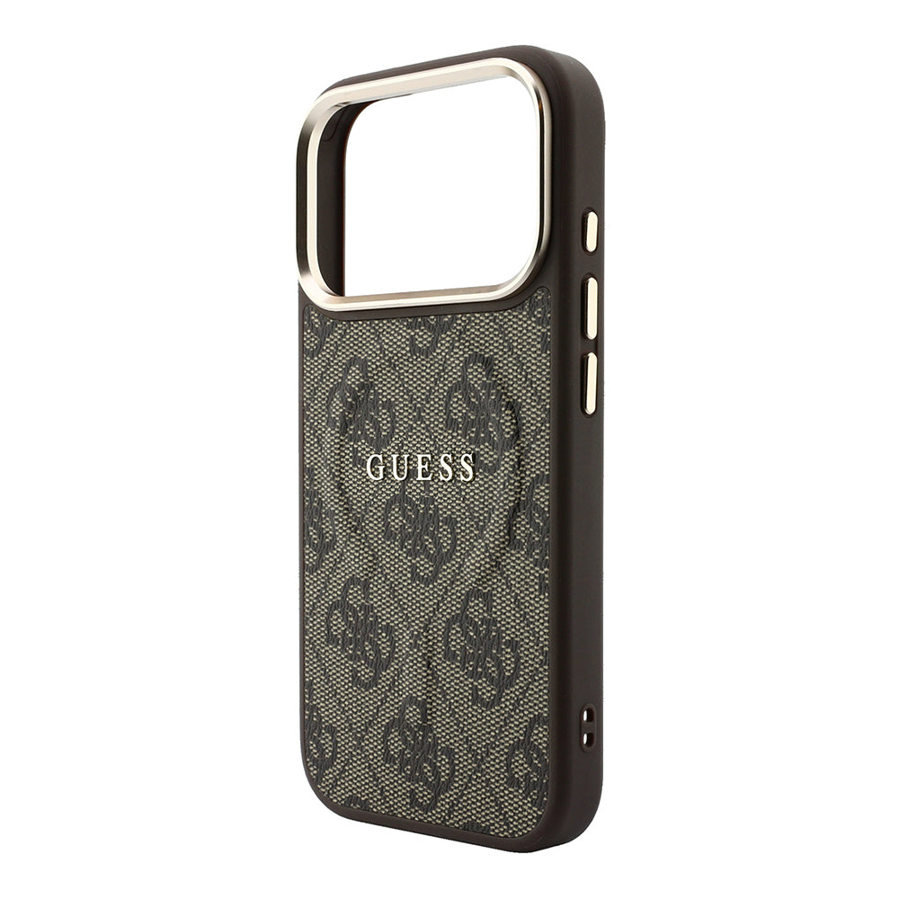 Apple iPhone 18 Pro Kılıf Guess M-safe Şarj Özellikli C-Magnet 4G Desenli Yazı Logolu Kapak Kahverengi