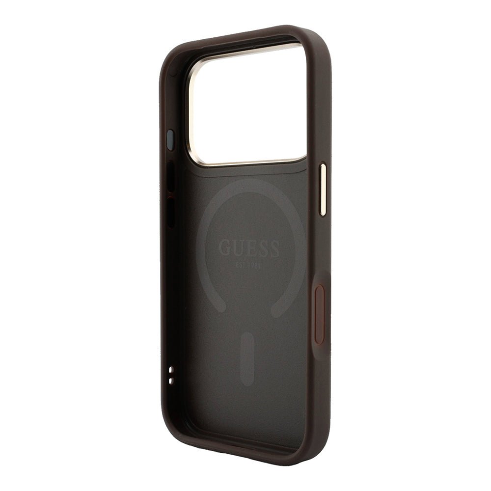 Apple iPhone 18 Pro Kılıf Guess M-safe Şarj Özellikli C-Magnet 4G Desenli Yazı Logolu Kapak Kahverengi