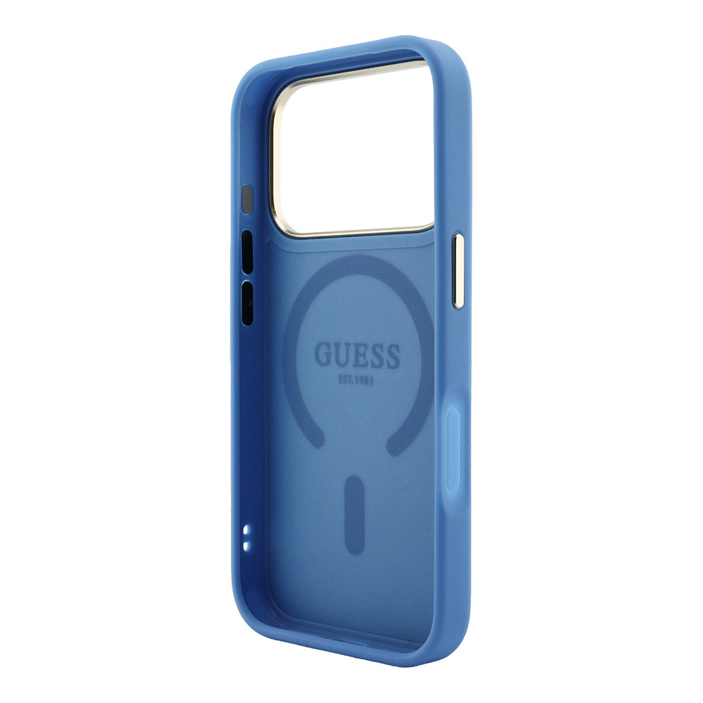 Apple iPhone 18 Pro Kılıf Guess M-safe Şarj Özellikli C-Magnet 4G Desenli Yazı Logolu Kapak Mavi