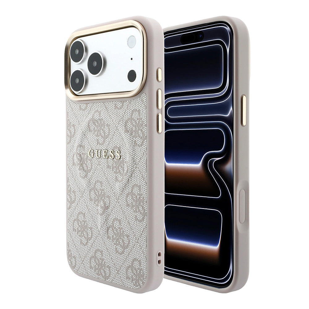 Apple iPhone 18 Pro Max Kılıf Guess M-safe Şarj Özellikli C-Magnet 4G Desenli Yazı Logolu Kapak Pembe