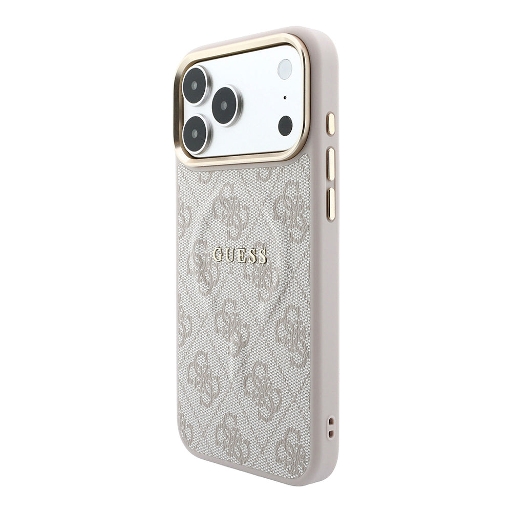Apple iPhone 18 Pro Max Kılıf Guess M-safe Şarj Özellikli C-Magnet 4G Desenli Yazı Logolu Kapak Pembe