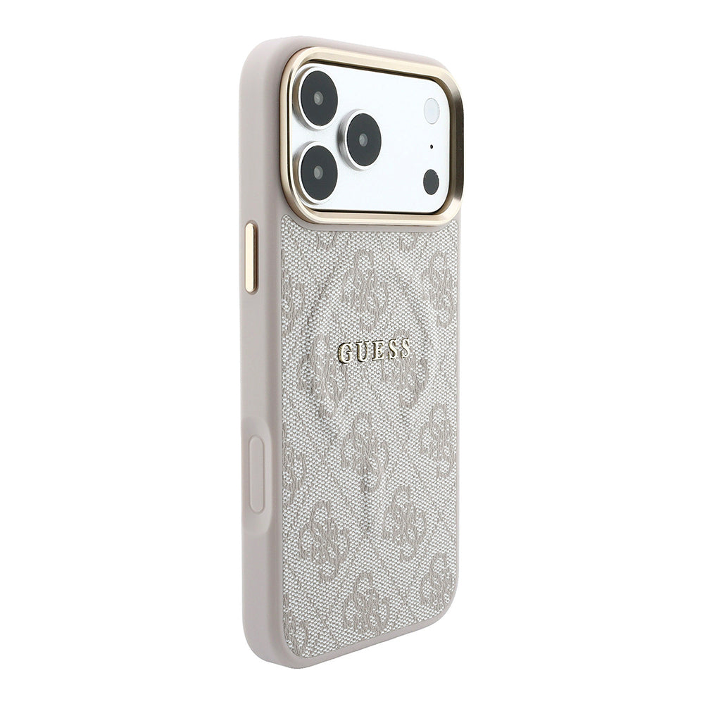 Apple iPhone 18 Pro Max Kılıf Guess M-safe Şarj Özellikli C-Magnet 4G Desenli Yazı Logolu Kapak Pembe