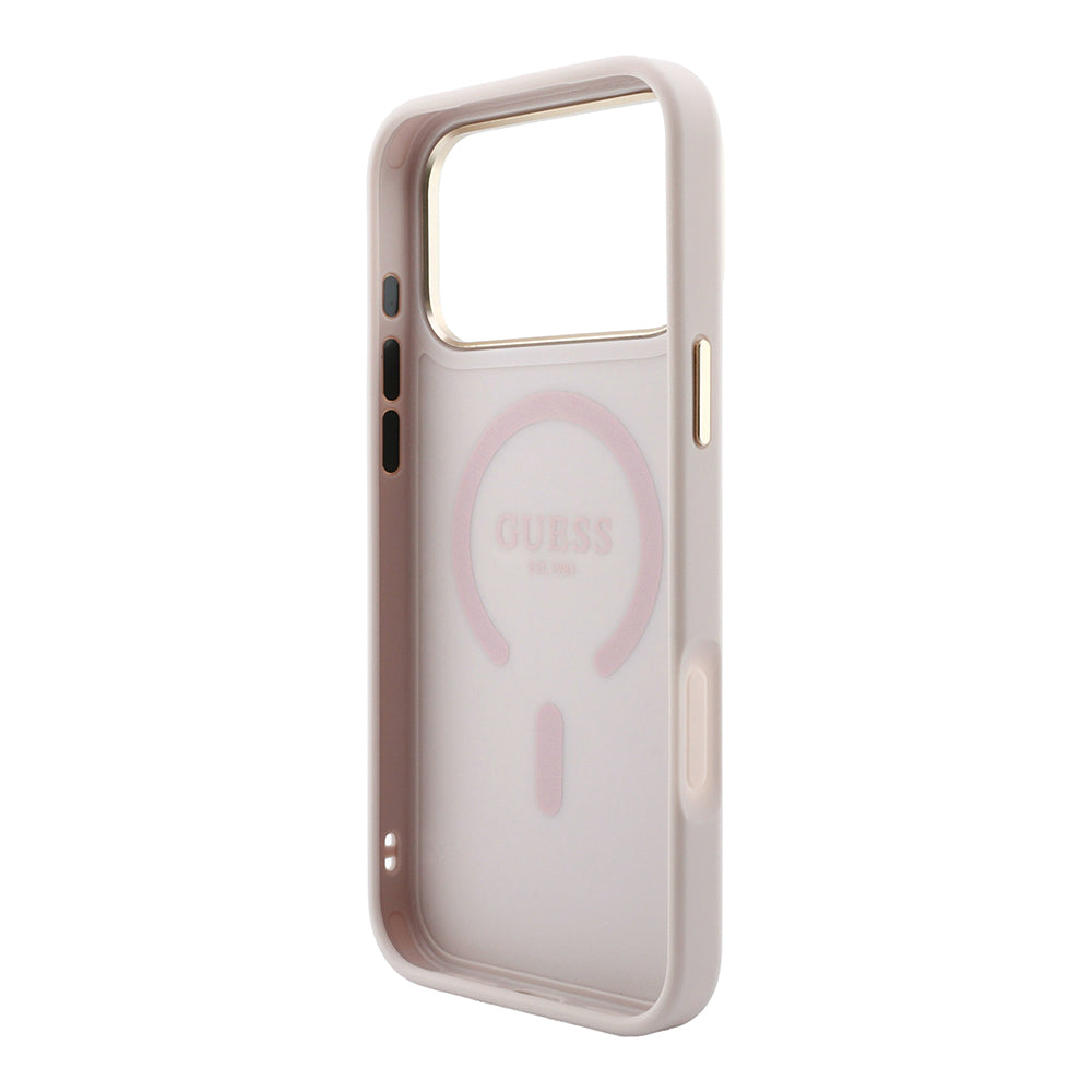 Apple iPhone 18 Pro Max Kılıf Guess M-safe Şarj Özellikli C-Magnet 4G Desenli Yazı Logolu Kapak Pembe