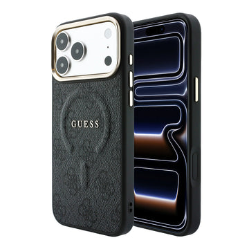 Apple iPhone 18 Pro Kılıf Guess M-safe Şarj Özellikli C-Magnet 4G Desenli Yazı Logolu Kapak Siyah