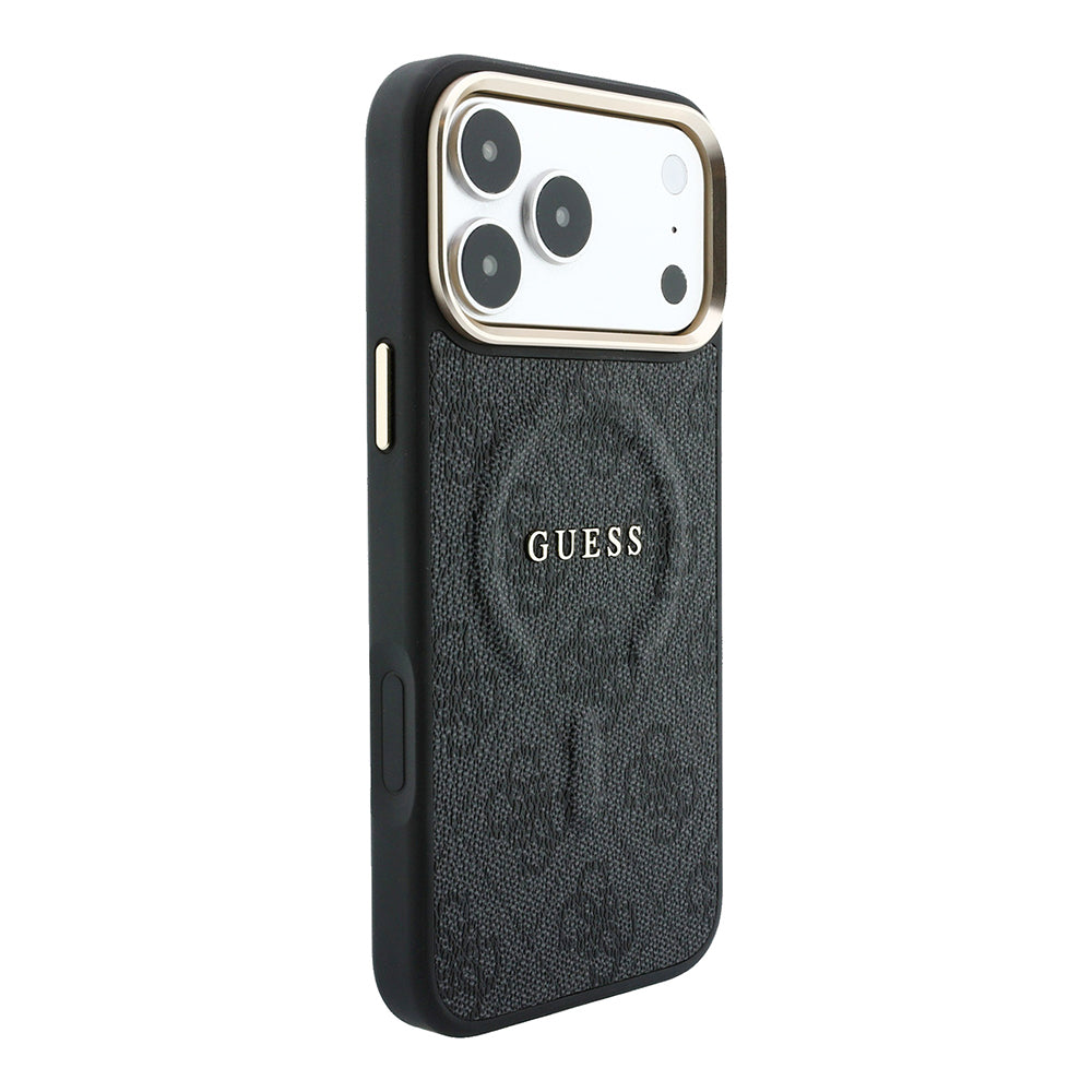 Apple iPhone 18 Pro Kılıf Guess M-safe Şarj Özellikli C-Magnet 4G Desenli Yazı Logolu Kapak Siyah