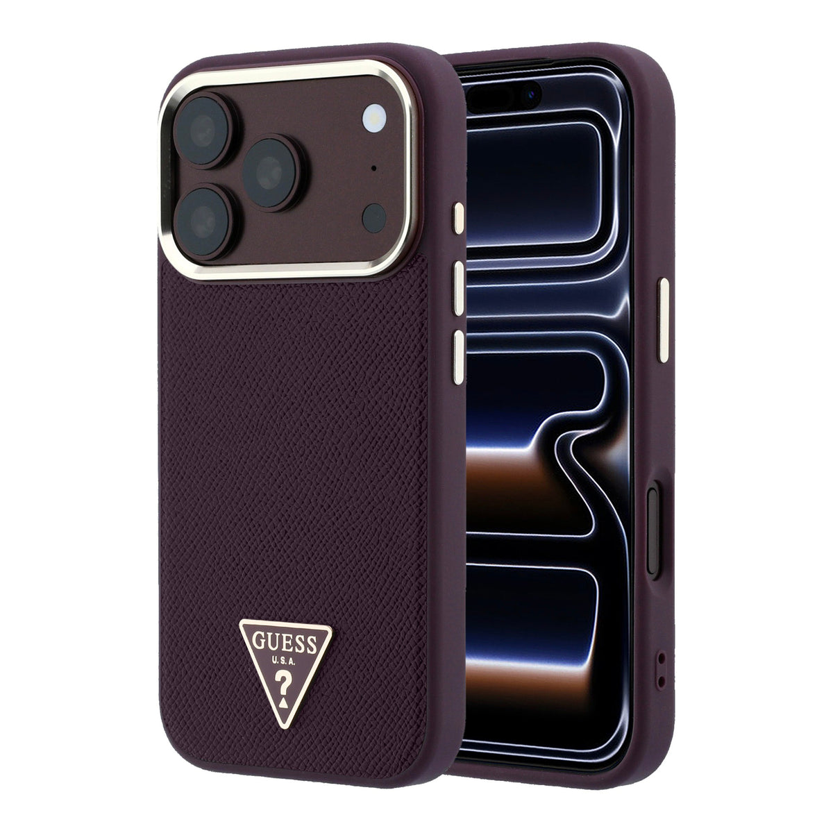Apple iPhone 18 Pro Max Kılıf Guess M-safe Şarj Özellikli Grained Triangle Kapak Bordo
