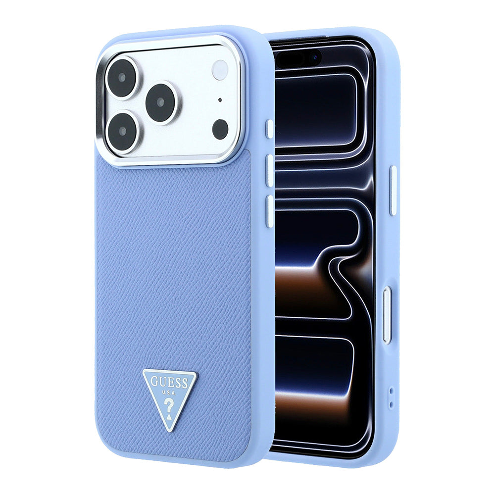 Apple iPhone 18 Pro Max Kılıf Guess M-safe Şarj Özellikli Grained Triangle Kapak Mavi