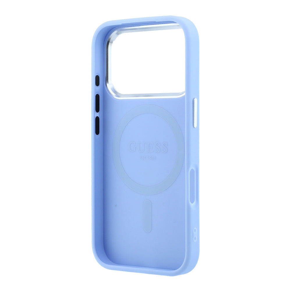 Apple iPhone 18 Pro Max Kılıf Guess M-safe Şarj Özellikli Grained Triangle Kapak Mavi
