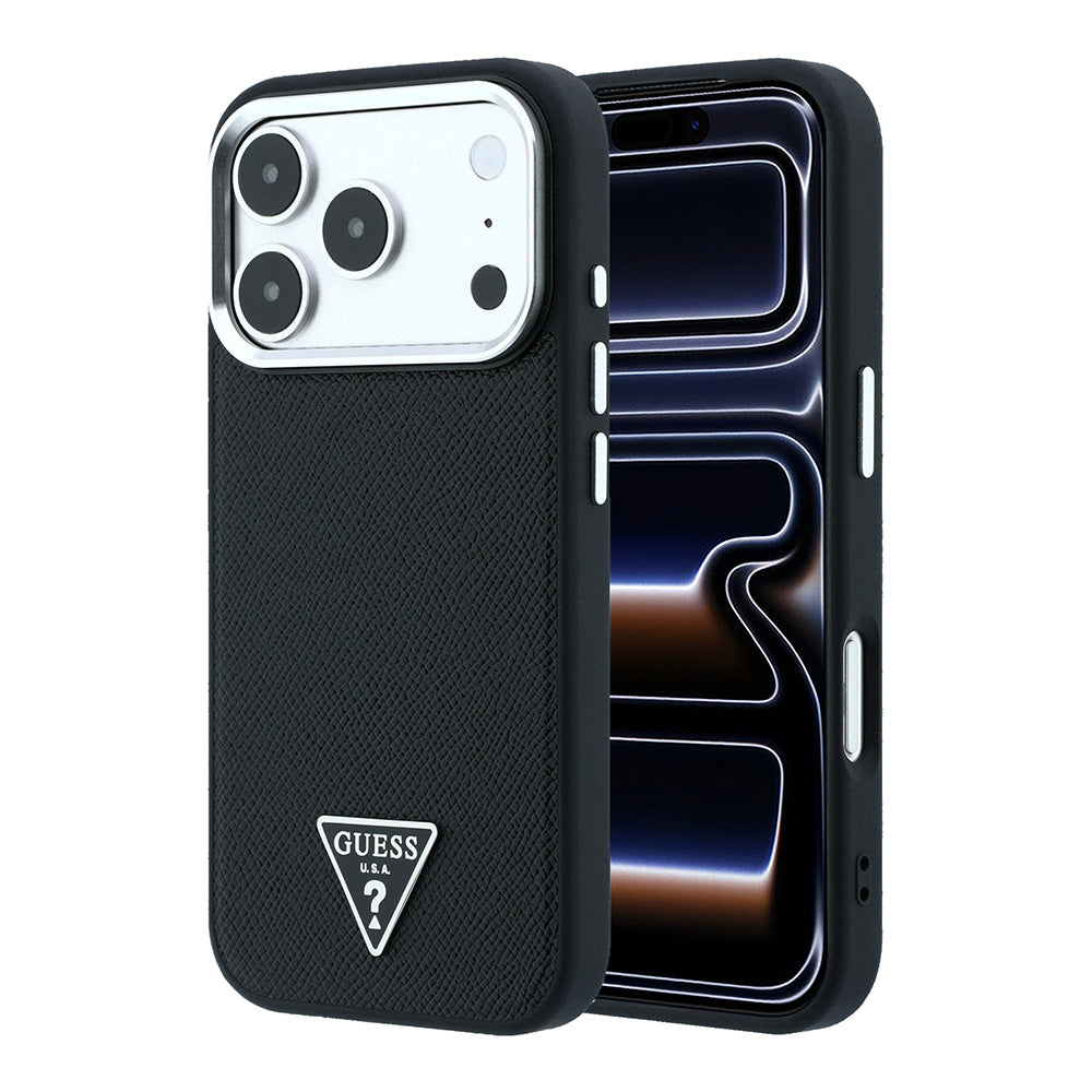 Apple iPhone 18 Pro Kılıf Guess M-safe Şarj Özellikli Grained Triangle Kapak Siyah