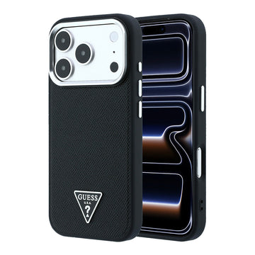 Apple iPhone 18 Pro Kılıf Guess M-safe Şarj Özellikli Grained Triangle Kapak Siyah