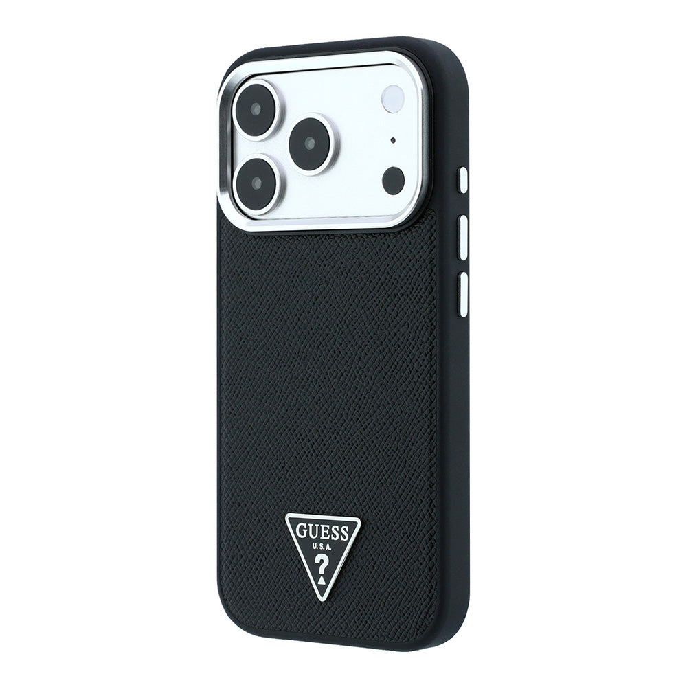 Apple iPhone 18 Pro Kılıf Guess M-safe Şarj Özellikli Grained Triangle Kapak Siyah