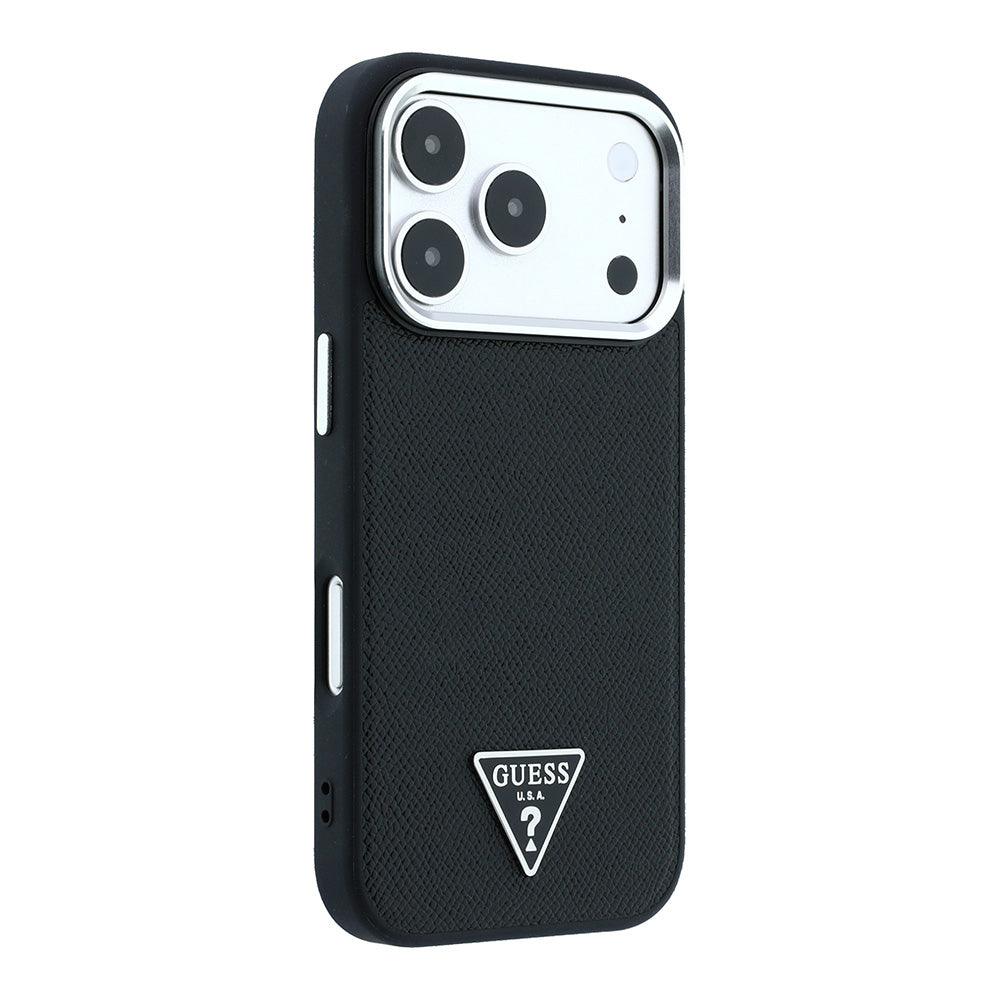 Apple iPhone 18 Pro Kılıf Guess M-safe Şarj Özellikli Grained Triangle Kapak Siyah