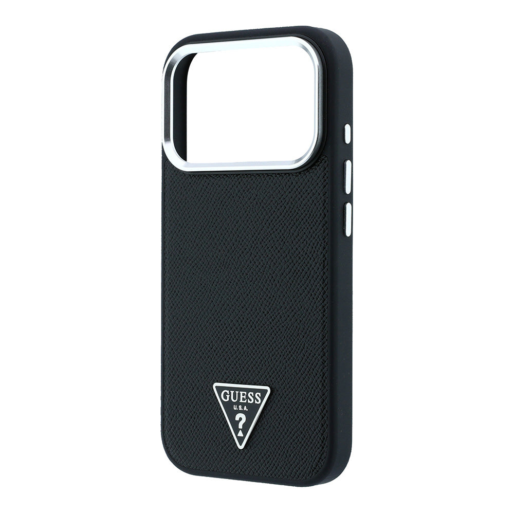Apple iPhone 18 Pro Kılıf Guess M-safe Şarj Özellikli Grained Triangle Kapak Siyah